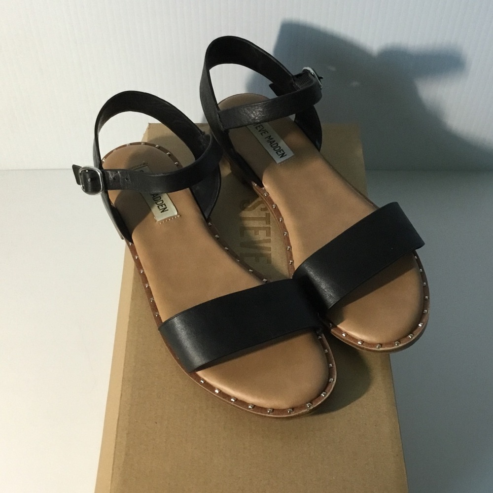 Steve Madden Black Leather Stud-Trim Ankle Strap Sandals
